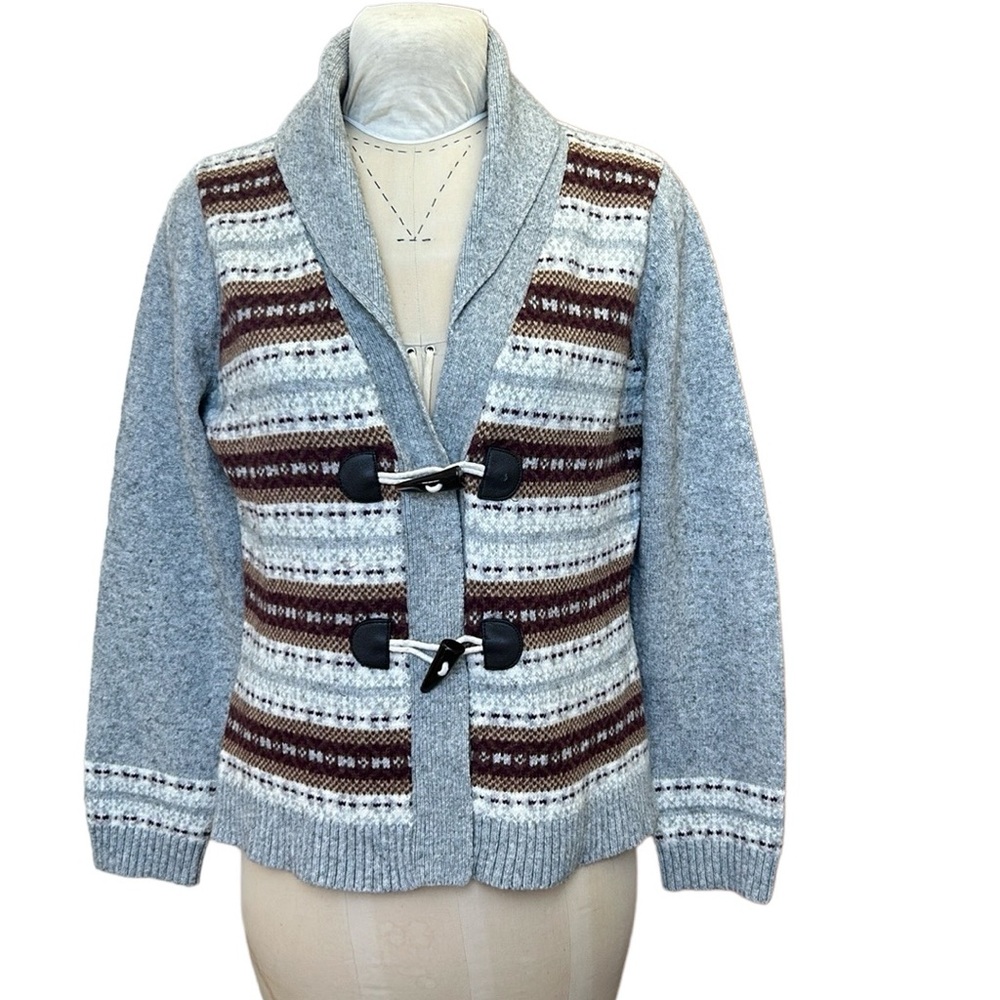 Vintage Eddie Bauer Wool Blend Fair Isle Sweater Cardigan Horn Toggle Gray XL
